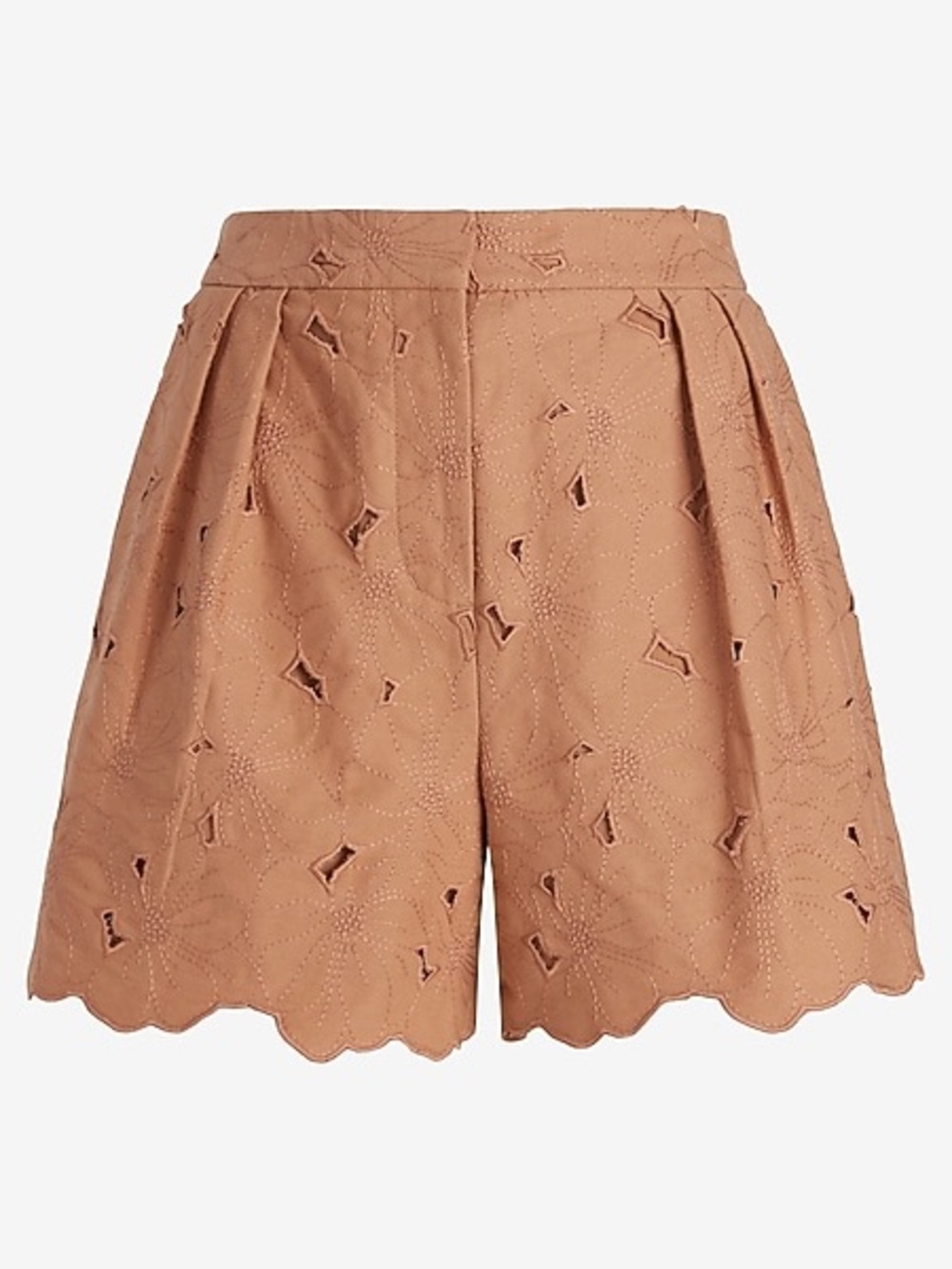 Express High Waist Pleated Eyelet Shorts in Tan